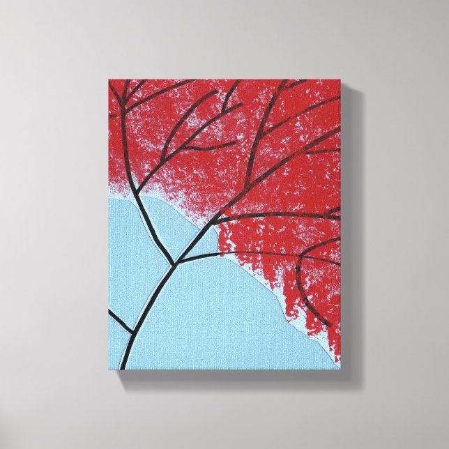 Impressão Em Tela Folhas de Árvore Vermelhas Abstratas em Azul (Frente)