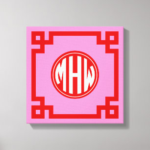 Impressão Em Tela Fonte Monograma Círculo Rosa #3 Vermelho DIY BG