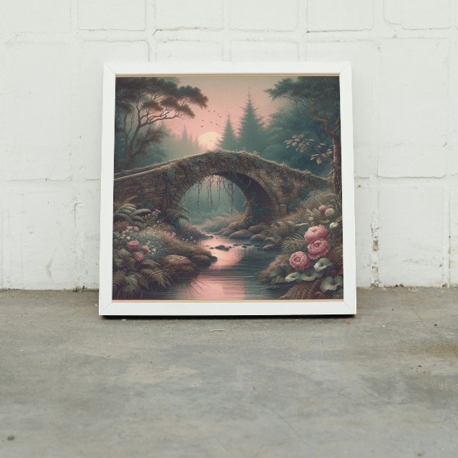 Impressão Em Tela Forgotten Ivy Bridge in Twilight Misty Forest (Twilight glow meets vintage mystery in this misty forest bridge scene 🌕

)