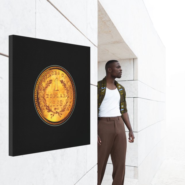 Impressão Em Tela Fundo Preto De Uma Moeda De Dólar De 1853 Ouros (One Golden Dollar 1853 Coin Black Background Canvas Print)