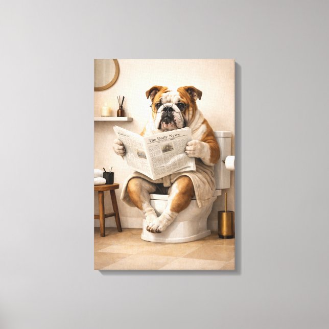 Impressão Em Tela Funny Bulldog Reading Newspaper Bathroom Humor (Frente)