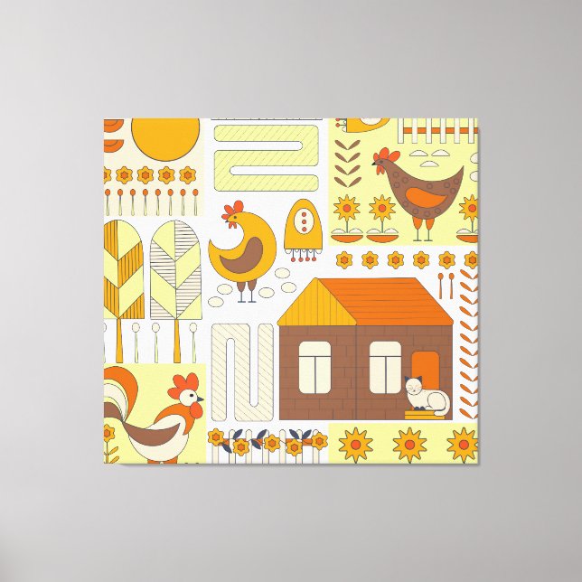 Impressão Em Tela Galo, galinhas, desenho floral geométrico. (Frente)