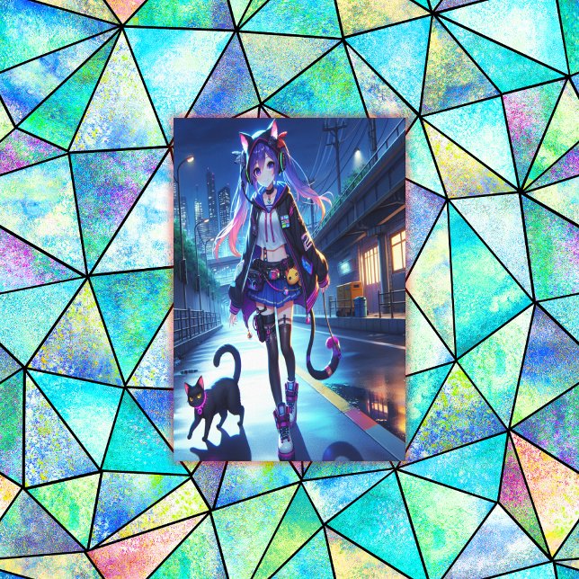 Impressão Em Tela Gamer Girl & Cat de Animação Bonita | Extra Grande (Criador carregado)