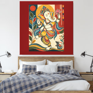 Impressão Em Tela Ganesha Dançante Colorido - Madh Tribal Folk India