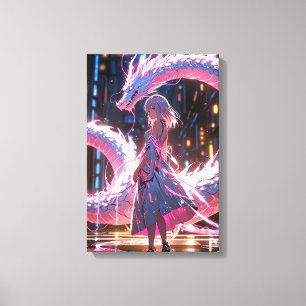 Impressão Em Tela Garota Anime Cyberpunk Dragão Neon Arte Fantasia