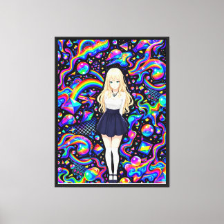 Impressão Em Tela Garota Anime Psicodélica Padrão Arco-Íris Neon