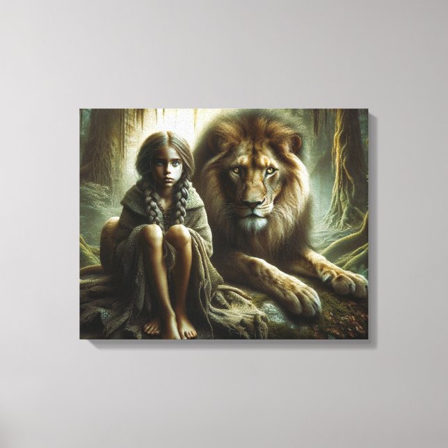 Impressão Em Tela Garota com Leão (Frente)