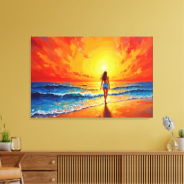 Impressão Em Tela Garota da praia do pôr do sol caminha pelo oceano 