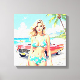 Impressão Em Tela Garota na praia com um carro clássico