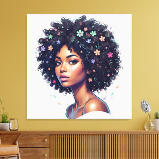 Impressão Em Tela Garota Negra Caprichosa C/ Afro Adornado com Flore