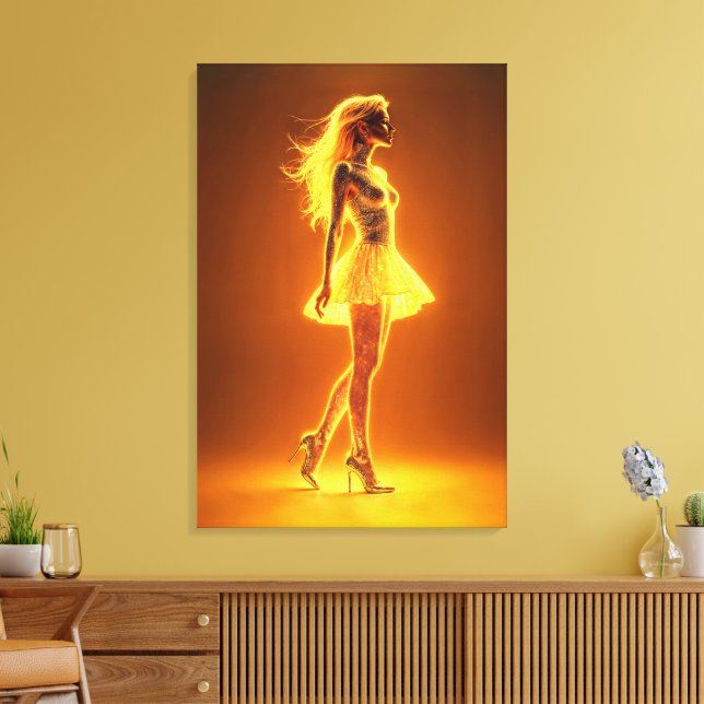 Impressão Em Tela Garota neon ouro em elegância brilhante (Insitu(Sala de estar))