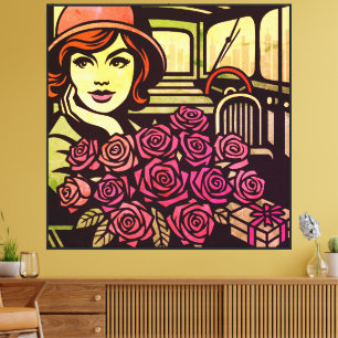 Impressão Em Tela Garota Retro em Carro Antigo com Rosas