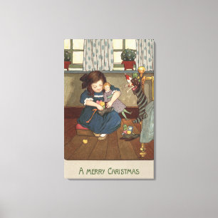 Impressão Em Tela Garota verificando seu Cheio Calçado de Goodies