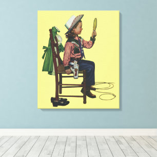 Impressão Em Tela Garota Vintage Caubói Olhando no Espelho Ela é tão