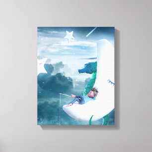 Impressão Em Tela Garoto e cavalo marinho pescando na Lua