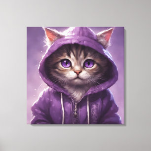 Impressão Em Tela Gatinho Adorável num Hoodie Roxo