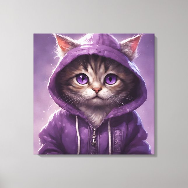 Impressão Em Tela Gatinho Adorável num Hoodie Roxo (Frente)