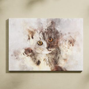 Impressão Em Tela Gatinho Aquarela Divertido com Olhos Ámbar Brilhan