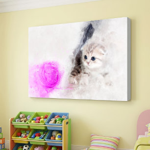 Impressão Em Tela Gatinho brincando com uma bola de lã rosa aquarela