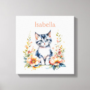 Impressão Em Tela Gatinho Cinza Personalizado em Flores Rosas