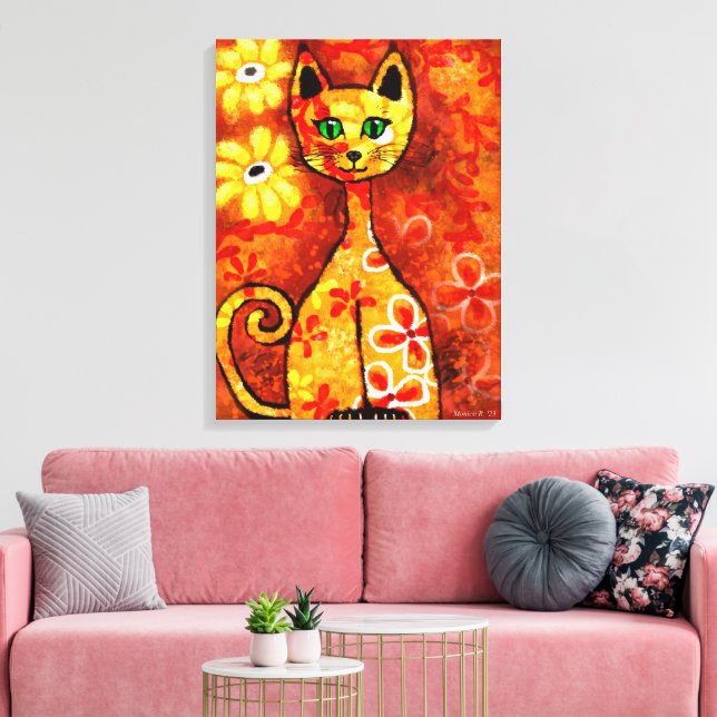 Impressão Em Tela Gatinho De Gato Quimológico Retro Amarelo Amarelo  (Insitu(Sala de estar))