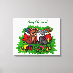 Impressão Em Tela Gatinho e filhote de cachorro, XMas feliz