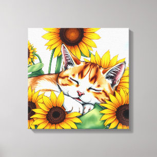 Impressão Em Tela Gatinho Fofo Dormindo e Girassóis