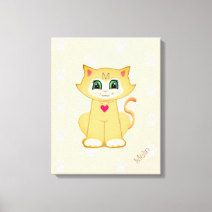 Impressão Em Tela Gatinho Fofo & Padrão de Pata em Coral