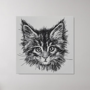 Impressão Em Tela Gatinho preto e branco rosto de Cinza