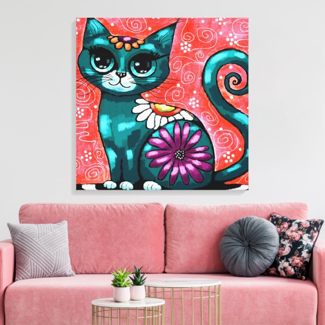Impressão Em Tela Gatinho Whimsso Sentado em Rã Teal Floral (Insitu(Sala de estar))