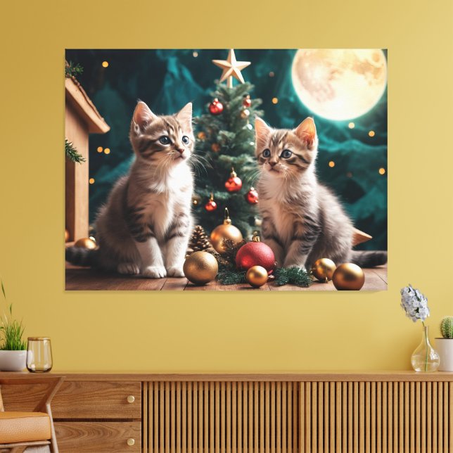 Impressão Em Tela Gatinhos festivos na árvore de Natal em lua cheia (Insitu(Sala de estar))