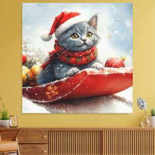 Impressão Em Tela Gato Azul Russo em Trenó Deixe Nevar Natal