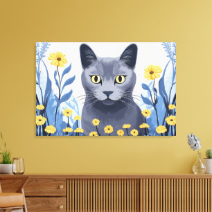 Impressão Em Tela Gato Azul Russo Flores Amarelas