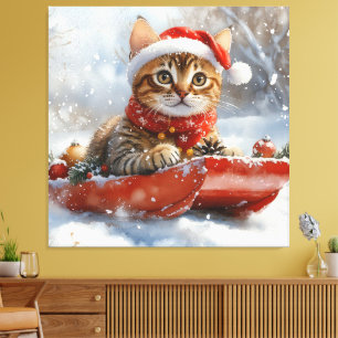 Impressão Em Tela Gato Bengal em Trenó Deixe Nevar Natal