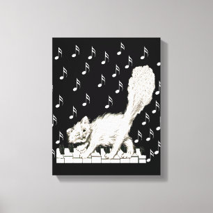 Impressão Em Tela Gato Branco Winking nas Notas Musicais das Chaves 