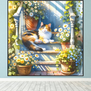 Impressão Em Tela Gato Calico no Cottagecore de Varanda Floral
