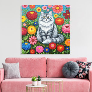 Impressão Em Tela Gato Cinza Listrado Fofo com Flores da Arte Folcló