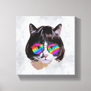 Impressão Em Tela Gato com Peruca + Óculos de Sol (Pintura #8)