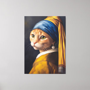 Impressão Em Tela Gato com um brinco de pérolas   Funny Vermeer Paro