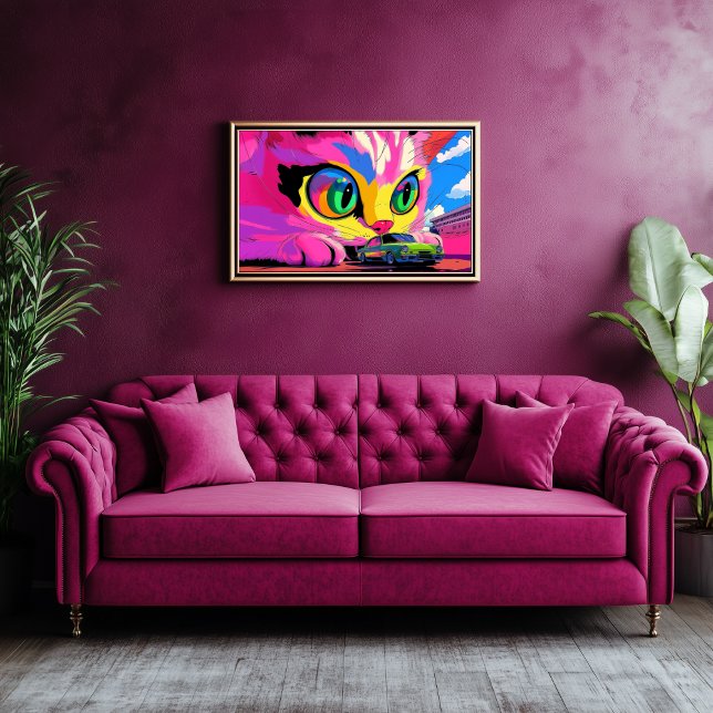 Impressão Em Tela Gato Cósmico e Carro Pequeno (Ginormous Cat Playing with Car - Psychedelic Art)