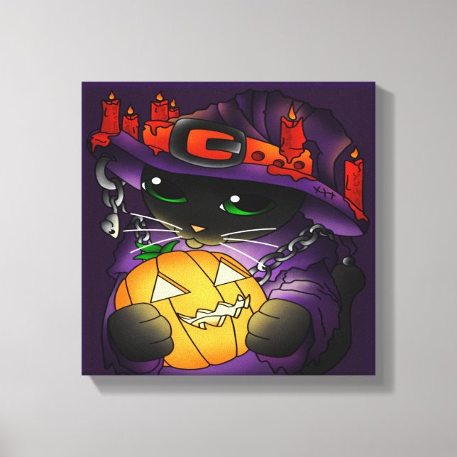 Impressão Em Tela Gato de Bruxas Negras de Abóbora Halloween (Frente)