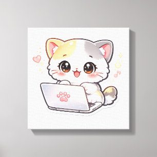 Impressão Em Tela Gato de Laptop Kawaii Fofo Adesivo Adorável Chib