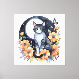 Impressão Em Tela Gato de Lua Floral Negro Elegante