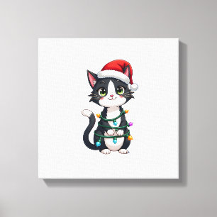 Impressão Em Tela Gato de Natal Smoking gato preto natal luzes gatin