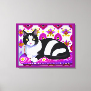 Impressão Em Tela Gato de Tuxedo preto e branco em uma almofada