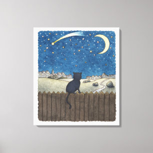 Impressão Em Tela Gato em uma cerca que olha o céu nocturno acima d