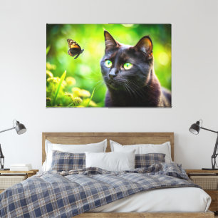 Impressão Em Tela Gato Fofo com Imagem de Borboleta Bonita Arte-Natu