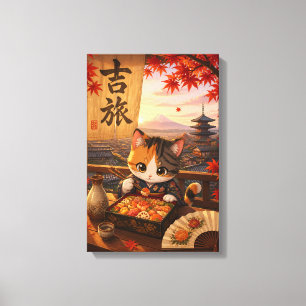 Impressão Em Tela Gato Fofo de Anime Japonês Quimono Monte Fuji Outo