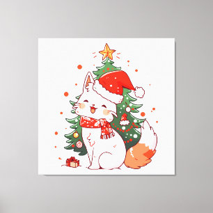Impressão Em Tela Gato fofo vestindo chapéu de Papai Noel perto da á
