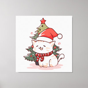 Impressão Em Tela Gato fofo vestindo chapéu de Papai Noel perto da á